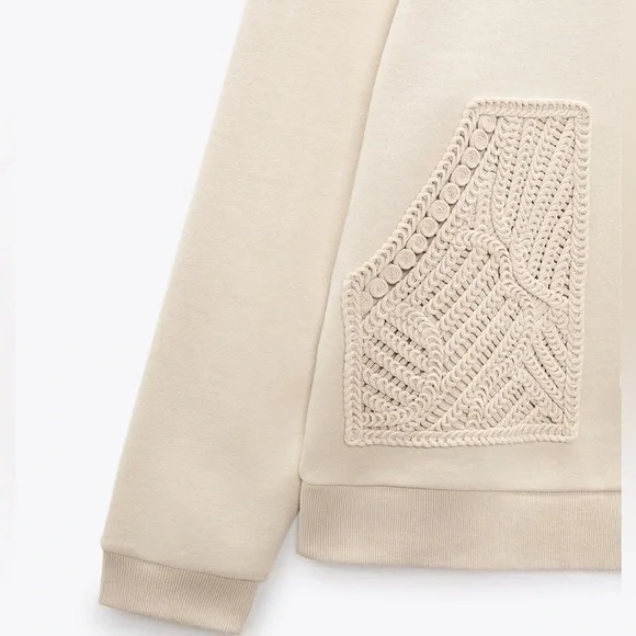 ZARA Women’s Light Beige Round Neck Sweatshirt Tricot Patch Pockets Size Medium - Picture 5 of 15